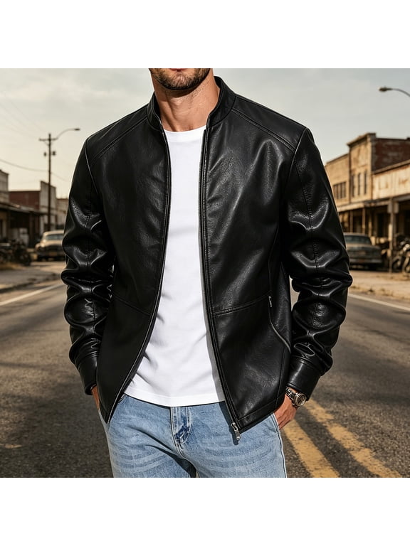 2026 Men's Stand Collar Faux Leather Moto Jacket, Full Zip Front Slant Pockets Regular Fit Windproof Motorcycle Street Casual Outerwear