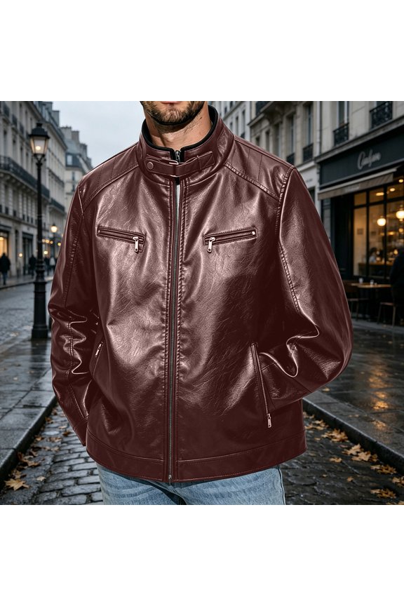 2026 Men's Stand Collar Faux Leather Moto Jacket, Multi Zip Pockets Adjustable Snap Collar Regular Fit Windproof Motorcycle Daily Casual Outerwear