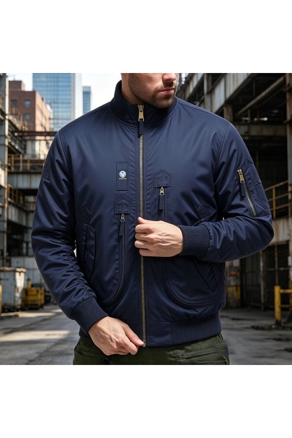 2026 Men's Stand Collar Flight Bomber Jacket, Multi Zipper Patch Pockets Ribbed Cuff Loose Fit Windproof Outdoor Casual Outerwear