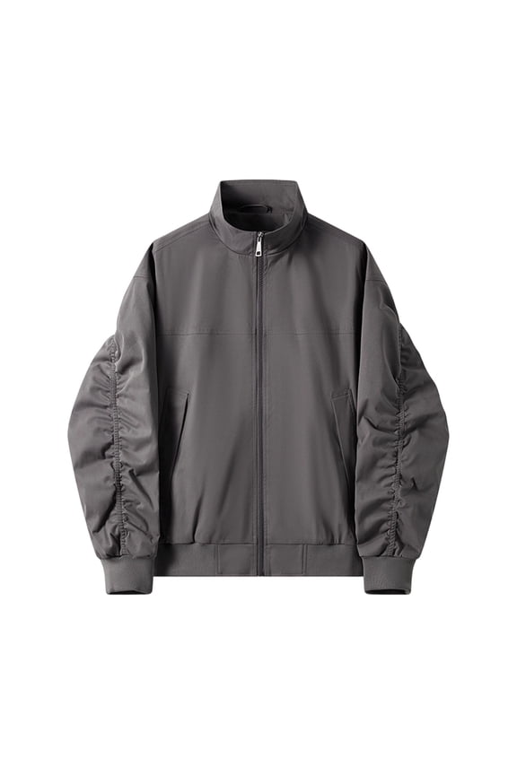 2026 Men's Stand Collar Full Zip Bomber Jacket, Ruched Sleeve Slip Side Pockets Rib Cuff Hem Long Sleeve Loose Fit Street Travel Outerwear