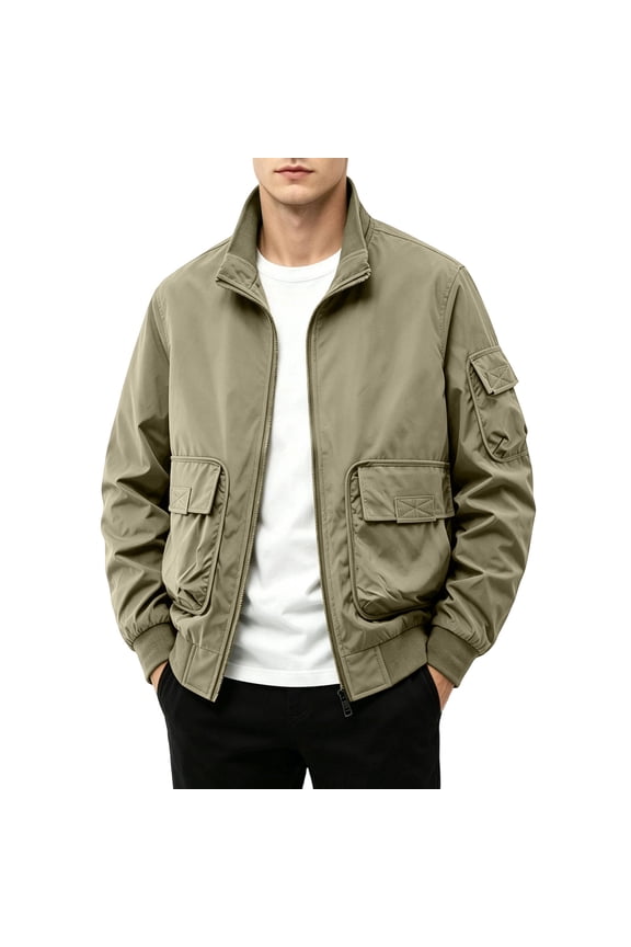 2026 Men's Stand Collar Full Zip Cargo Bomber Jacket, Flap Chest Pockets Arm Utility Pocket Rib Cuff Long Sleeve Loose Fit Hiking Travel Outerwear