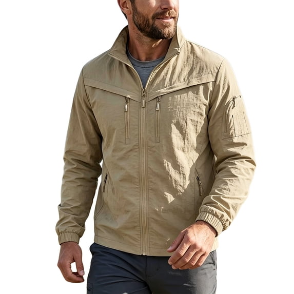 LYSMORA 2026 Men's Stand Collar Multi Zipper Pocket Jacket, Elastic Cuff Long Sleeve Loose Fit Outdoor Hiking Travel Casual Work Wind Resistant Outerwear