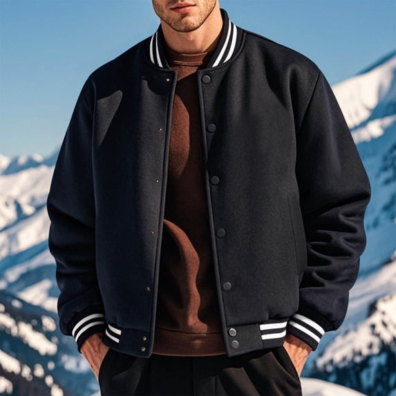 LYSMORA 2026 Men's Striped Rib Collar Varsity Jacket, Snap Button Front Slip Side Pockets Loose Fit Fall Winter Casual Baseball Outerwear