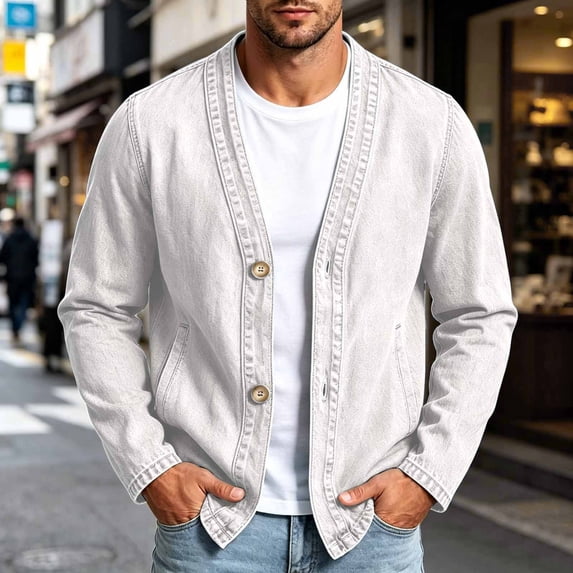 LYSMORA 2026 Men's V Neck Washed Denim Cardigan Jacket, Wooden Button Front Slip Side Pockets Loose Fit Casual Daily Shacket Outerwear