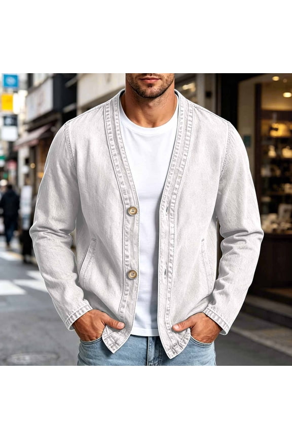 2026 Men's V Neck Washed Denim Cardigan Jacket, Wooden Button Front Slip Side Pockets Loose Fit Casual Daily Shacket Outerwear