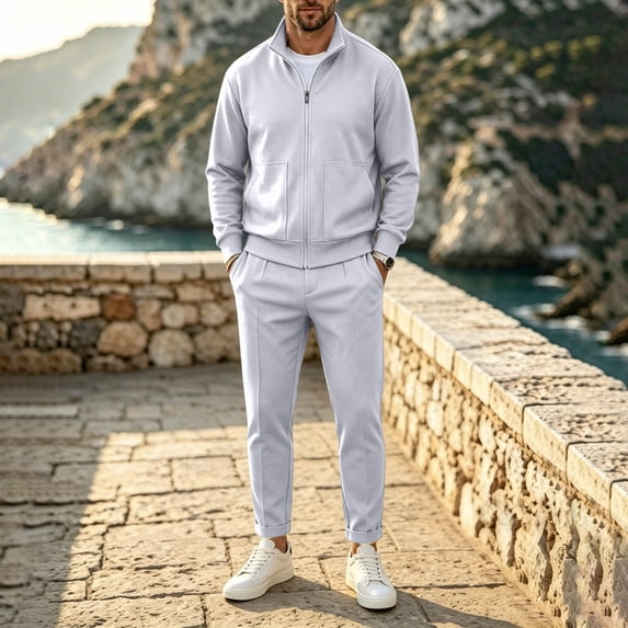LYSMORA 2026 Men's Waffle Knit Zip Jacket Cuffed Pants Tracksuit, Stand Collar Loose Fit Casual Daily Outfit Set