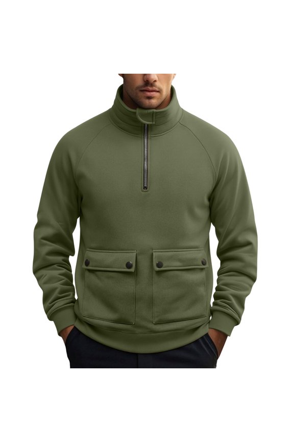 2026 Spring Fall Men's Raglan Quarter Zip Stand Collar Pullover Sweatshirt, Dual Snap Flap Chest Pockets Rib Long Sleeve Loose Top for Lounge Hike Workout Street Daily Layering