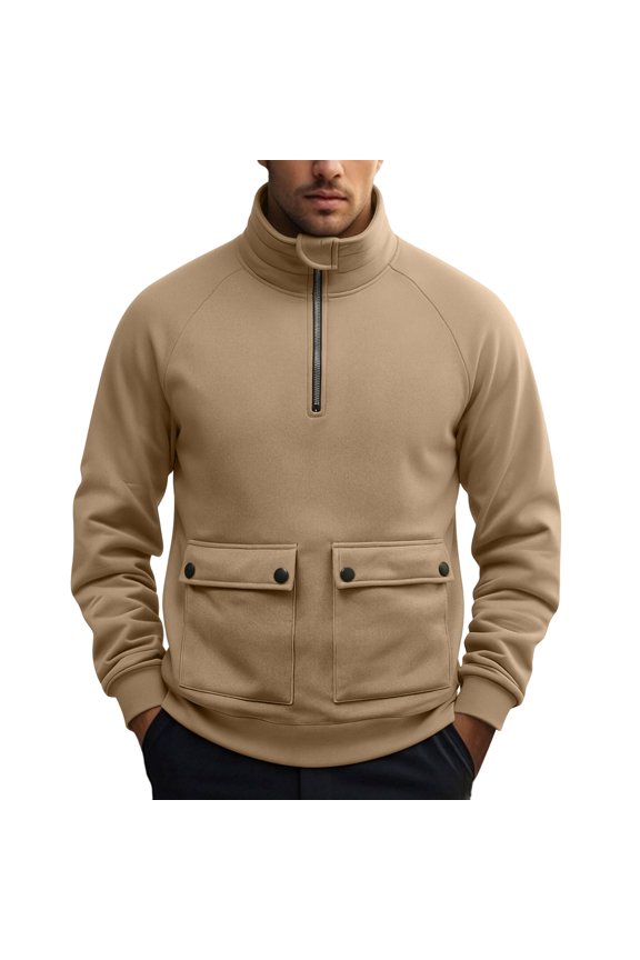 2026 Spring Fall Men's Raglan Quarter Zip Stand Collar Pullover Sweatshirt, Dual Snap Flap Chest Pockets Rib Long Sleeve Loose Top for Lounge Hike Workout Street Daily Layering