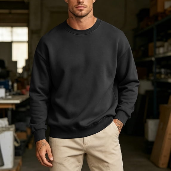 LYSMORA 2026 Spring Fall Men's Solid Crew Neck Oversized Sweatshirt, Drop Shoulder Rib Long Sleeve Loose Pullover Top for Lounge Workout Street Daily Layering