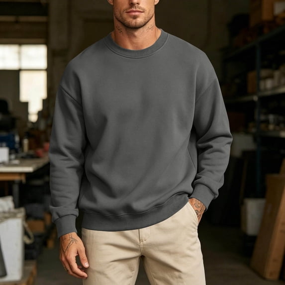 LYSMORA 2026 Spring Fall Men's Solid Crew Neck Oversized Sweatshirt, Drop Shoulder Rib Long Sleeve Loose Pullover Top for Lounge Workout Street Daily Layering
