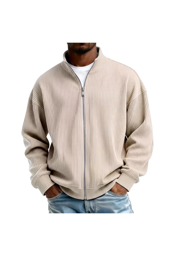 2026 Spring Fall Men's Vertical Rib Full Zip Stand Collar Cardigan Jacket, Drop Shoulder Rib Long Sleeve Loose Outerwear for Lounge Workout Street Daily Layering