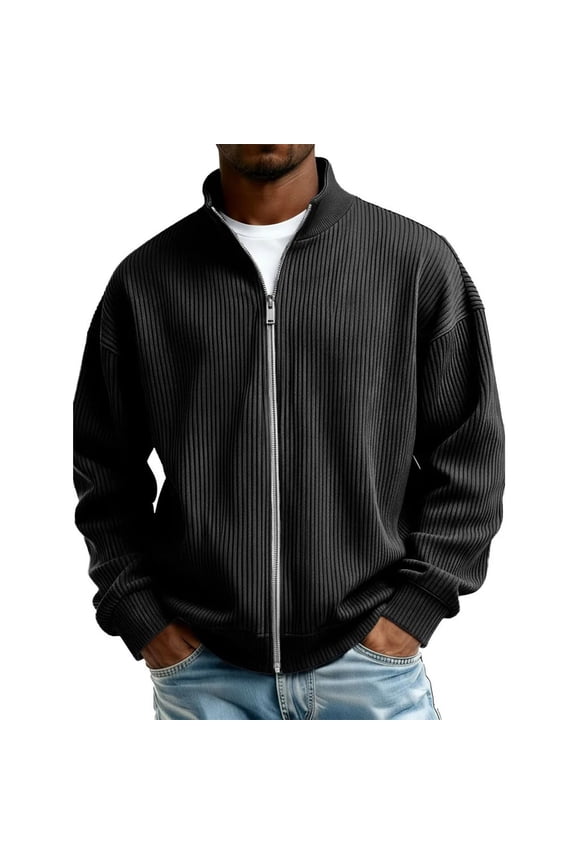2026 Spring Fall Men's Vertical Rib Full Zip Stand Collar Cardigan Jacket, Drop Shoulder Rib Long Sleeve Loose Outerwear for Lounge Workout Street Daily Layering