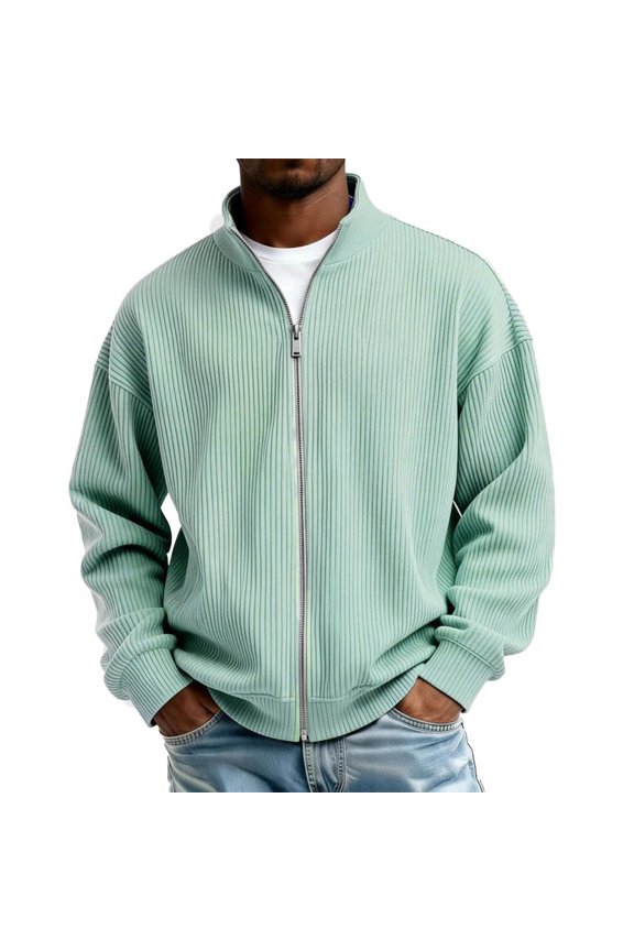 2026 Spring Fall Men's Vertical Rib Full Zip Stand Collar Cardigan Jacket, Drop Shoulder Rib Long Sleeve Loose Outerwear for Lounge Workout Street Daily Layering
