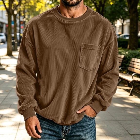 LYSMORA 2026 Spring Fall Men's Waffle Rib Crew Neck Sweatshirt, Chest Pocket Drop Shoulder Rib Long Sleeve Loose Pullover Top for Lounge Workout Street Daily Layering