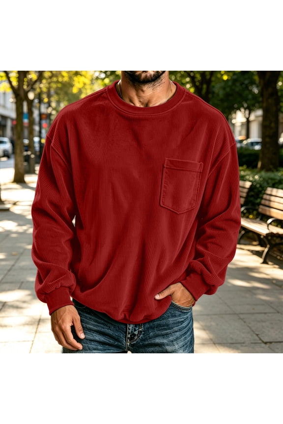 2026 Spring Fall Men's Waffle Rib Crew Neck Sweatshirt, Chest Pocket Drop Shoulder Rib Long Sleeve Loose Pullover Top for Lounge Workout Street Daily Layering