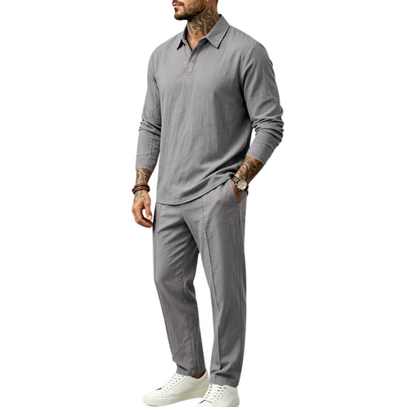 LYSMORA Men's 2 Piece Outfit Set Lapel Collar Partial Button Long Sleeve Top and Straight‑Leg Pants for Business Casual Daily Wear