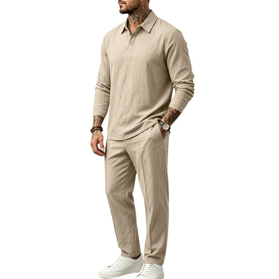 LYSMORA Men's 2 Piece Outfit Set Lapel Collar Partial Button Long Sleeve Top and Straight‑Leg Pants for Business Casual Daily Wear
