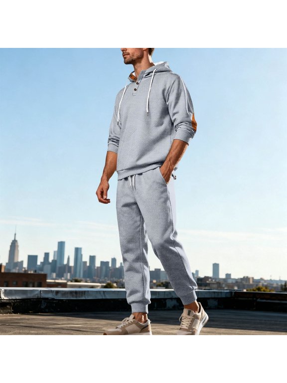 Men's 2 Piece Textured Tracksuit Set, Button Henley Hoodie Elbow Patch Matching Jogger Pants Casual Athletic Sweat Suit