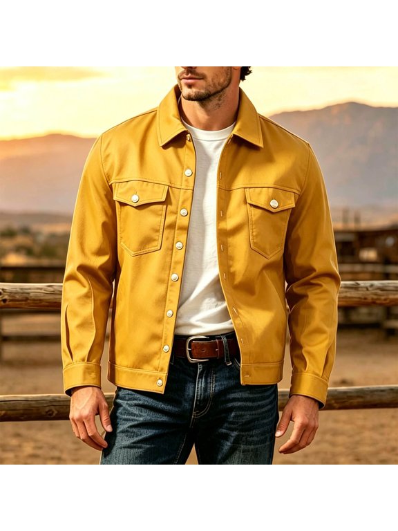 Men's Button Front Trucker Jacket Point Collar Flap Chest Pockets Casual Outerwear for Ranch Visits and Road Trips