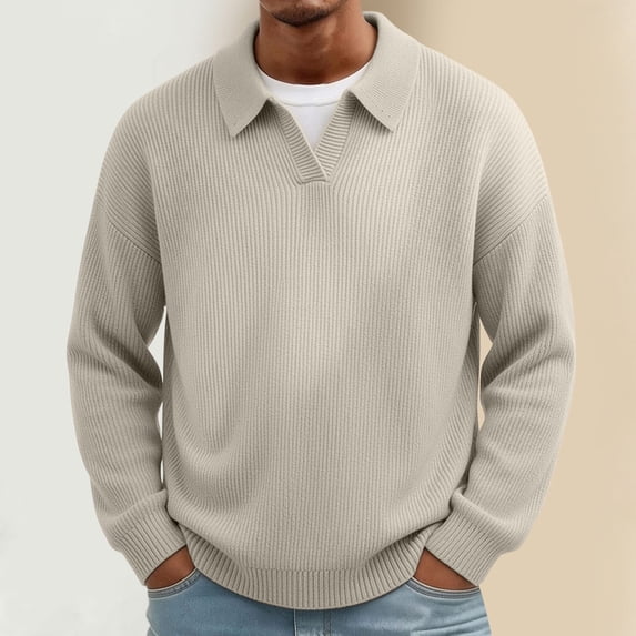 LYSMORA Men's Collared V Notch Ribbed Knit Sweater Long Sleeve Pullover Top for Daily Commute City Stroll Weekend Casual Outing