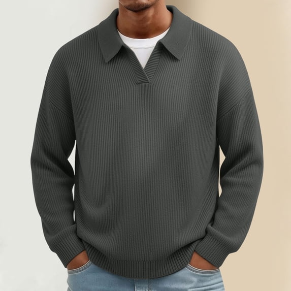 LYSMORA Men's Collared V Notch Ribbed Knit Sweater Long Sleeve Pullover Top for Daily Commute City Stroll Weekend Casual Outing