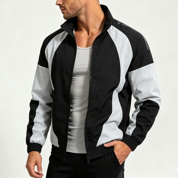 LYSMORA Men's Color Block Track Jacket Stand Collar Full Zip Outerwear Side Pocket Athletic Windbreaker Coat