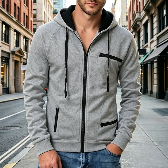 LYSMORA Men's Contrast Lined Full Zip Hoodie Jacket, Multi Zipper Pocket Raglan Long Sleeve Casual Athletic Zip Up Sweatshirt