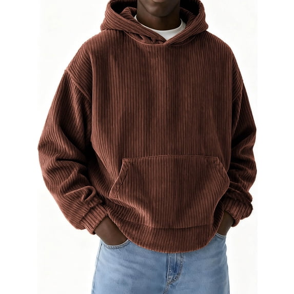 LYSMORA Men's Corduroy Pullover Hoodie, Vertical Ribbed Oversized Long Sleeve Casual Sweatshirt With Front Kangaroo Pocket