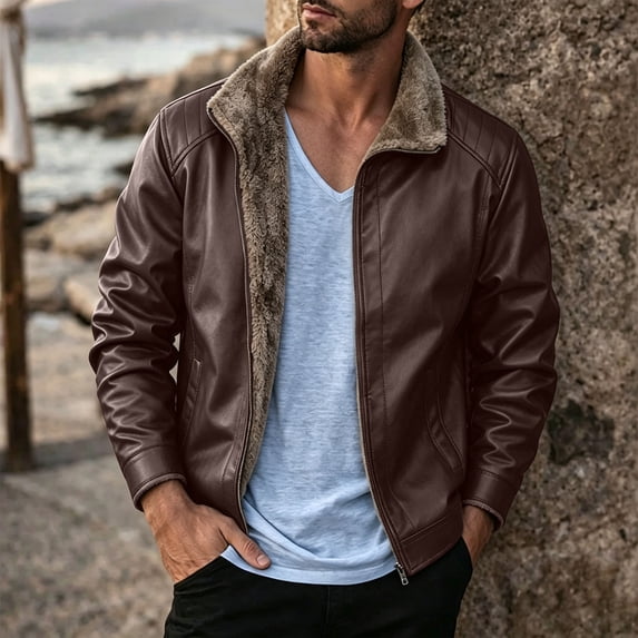 LYSMORA Men's Faux Leather Sherpa Lined Jacket Stand Collar Full Zip Outerwear Zipper Side Pockets for Evening Walks and Cool Weather Trips
