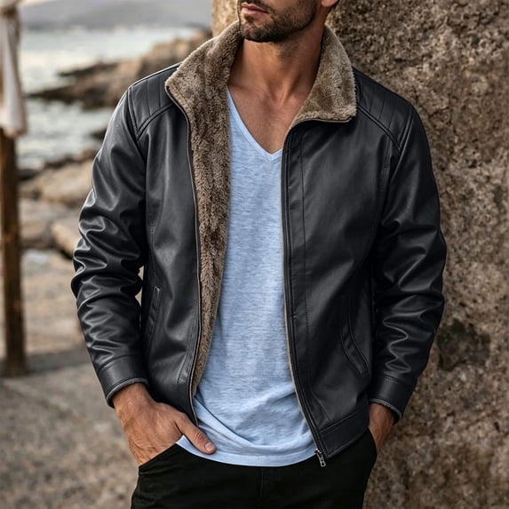 LYSMORA Men's Faux Leather Sherpa Lined Jacket Stand Collar Full Zip Outerwear Zipper Side Pockets for Evening Walks and Cool Weather Trips