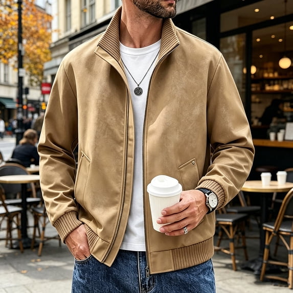 LYSMORA Men's Faux Suede Bomber Jacket Full Zip Ribbed Stand Collar Outerwear Rivet Side Pocket Casual Coat