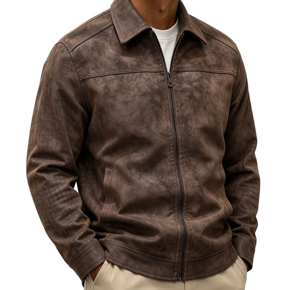 LYSMORA Men's Faux Suede Zip Up Jacket Point Collar Outerwear Slant Side Pocket Casual Trucker Coat