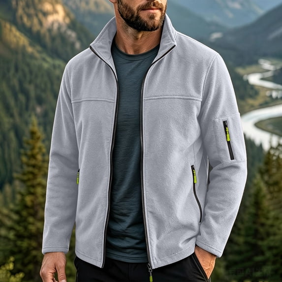 LYSMORA Men's Full Zip Fleece Jacket Stand Collar Outdoor Outerwear Multi Zip Pocket Hiking Travel Coat