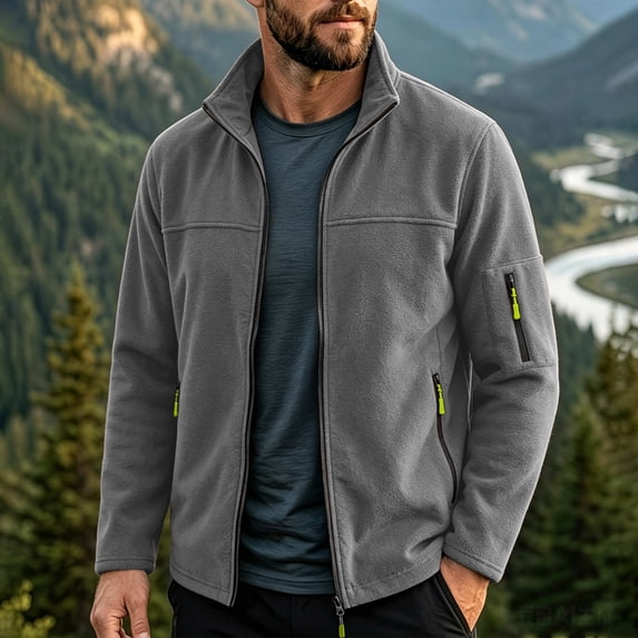 LYSMORA Men's Full Zip Fleece Jacket Stand Collar Outdoor Outerwear Multi Zip Pocket Hiking Travel Coat
