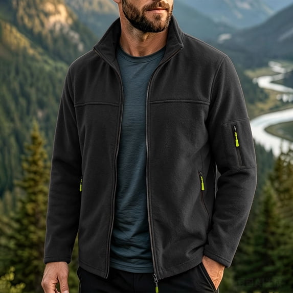 LYSMORA Men's Full Zip Fleece Jacket Stand Collar Outdoor Outerwear Multi Zip Pocket Hiking Travel Coat