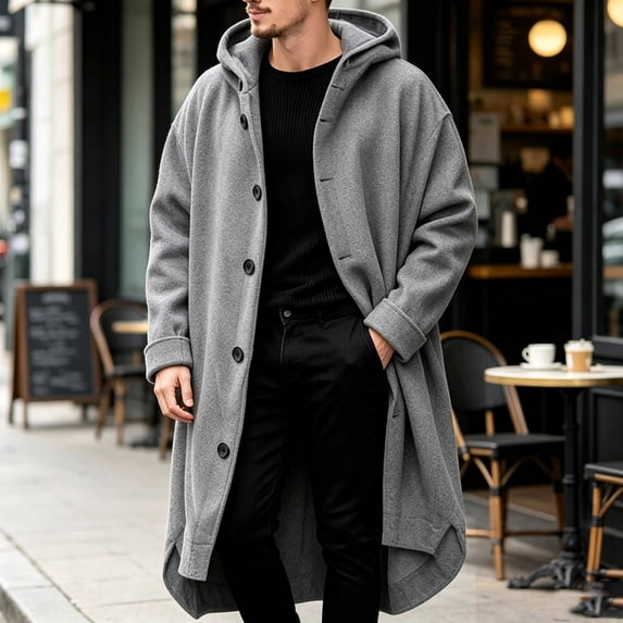 LYSMORA Men's Hooded Long Wool Blend Coat Button Front Oversized Mid Calf Outerwear Winter Casual Overcoat