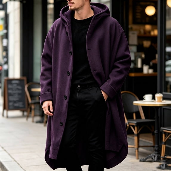 LYSMORA Men's Hooded Long Wool Blend Coat Button Front Oversized Mid Calf Outerwear Winter Casual Overcoat