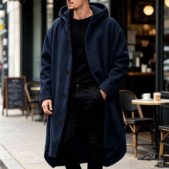 LYSMORA Men's Hooded Long Wool Blend Coat Button Front Oversized Mid Calf Outerwear Winter Casual Overcoat