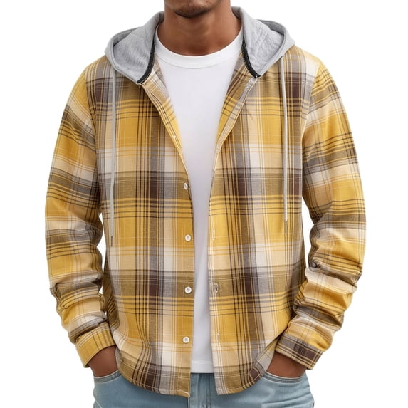 LYSMORA Men's Hooded Plaid Flannel Shacket Long Sleeve Button Front Drawstring Hood Overshirt Loose Fit Shirt Jacket with Side Pockets for Fall Outdoor Daily Wear