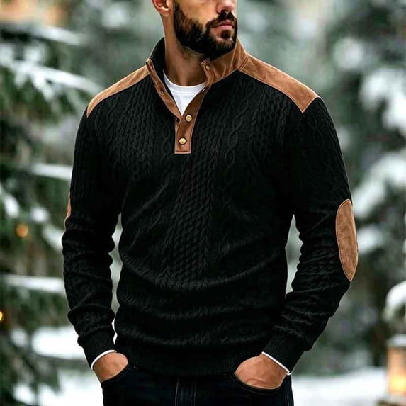LYSMORA Men's Knit Stand Collar Button Pullover Sweater, Contrast Splice Elbow Patch Long Sleeve Casual Tops