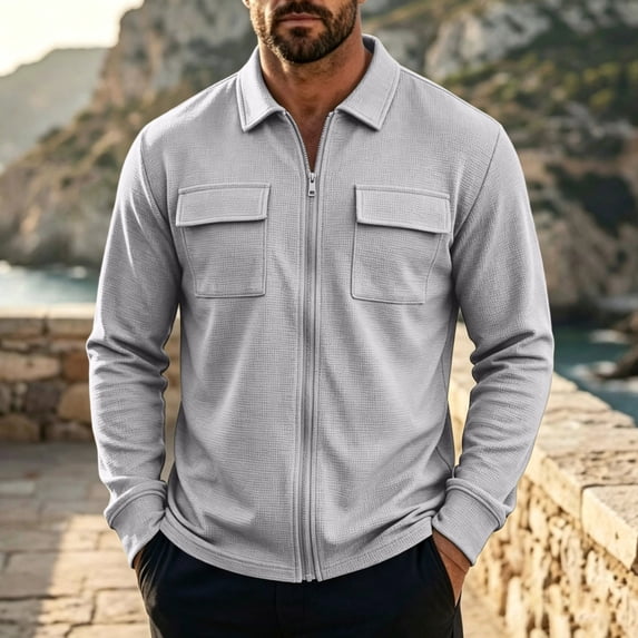 LYSMORA Men's Lapel Collar Full Zip Waffle Knit Shirt Jacket Long Sleeve Utility Outerwear with Chest Flap Pockets