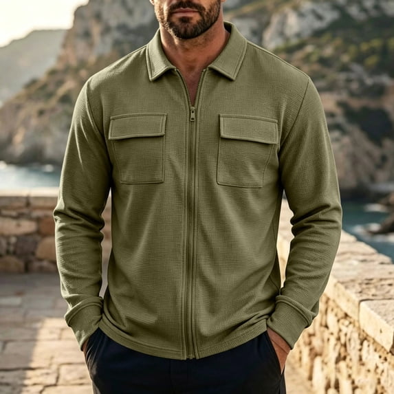LYSMORA Men's Lapel Collar Full Zip Waffle Knit Shirt Jacket Long Sleeve Utility Outerwear with Chest Flap Pockets