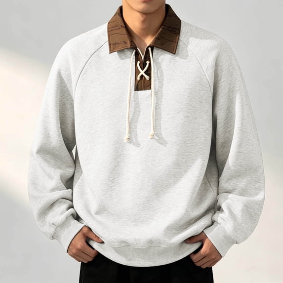 LYSMORA Men's Lapel Drawstring Pullover Sweatshirt, Raglan Long Sleeve Loose Casual Street Athletic Tops