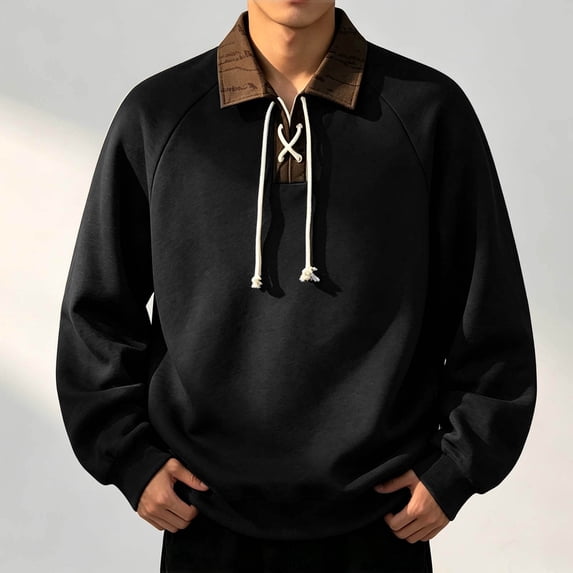 LYSMORA Men's Lapel Drawstring Pullover Sweatshirt, Raglan Long Sleeve Loose Casual Street Athletic Tops
