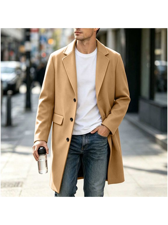 Men's Notched Lapel Single Breasted Long Overcoat Mid Length Button Coat Casual Outerwear for Business and Fall Winter Travel