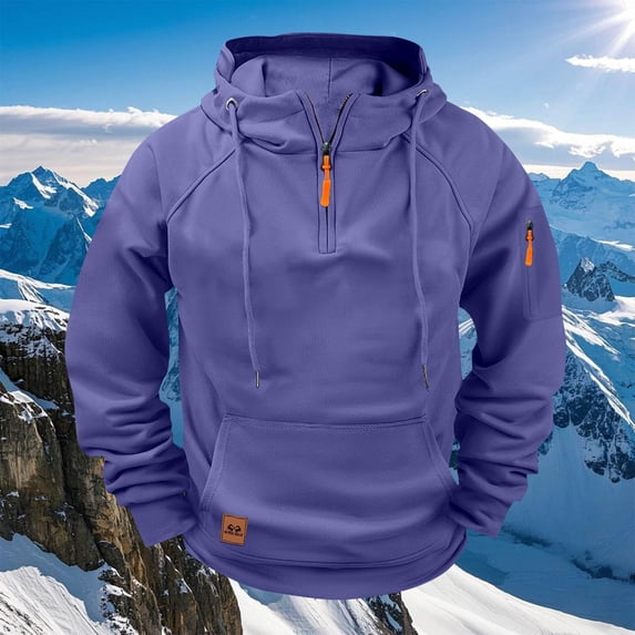 LYSMORA Men's Quarter Zip Outdoor Hoodie, Zipper Arm Pocket Raglan Sleeve Athletic Pullover Sweatshirt With Front Kangaroo Pocket
