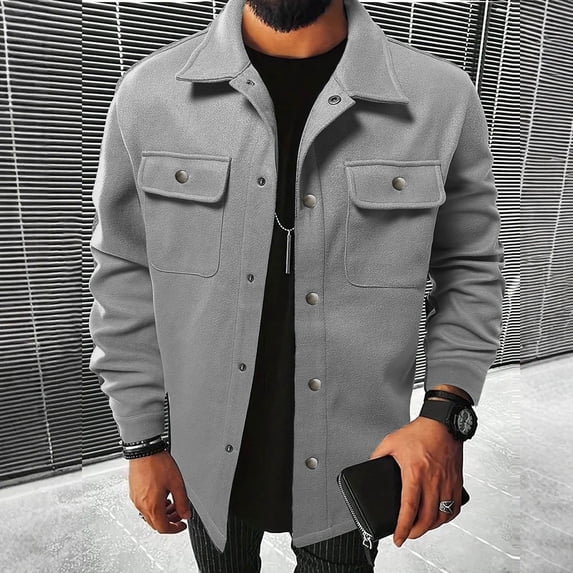 LYSMORA Men's Snap Button Trucker Shacket Lapel Collar Long Sleeve Shirt Jacket with Dual Chest Pockets Relaxed Fit Outerwear for Fall Winter Outdoor
