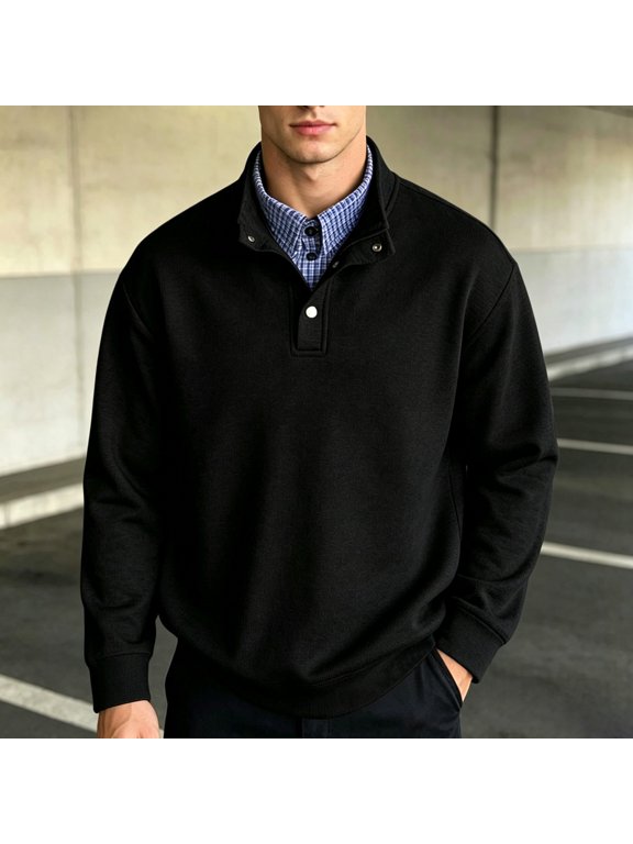 Men's Stand Collar Snap Henley Pullover Sweatshirt, Long Sleeve Button Placket Loose Fit Casual Tops for Business Daily Street Outdoor Wear