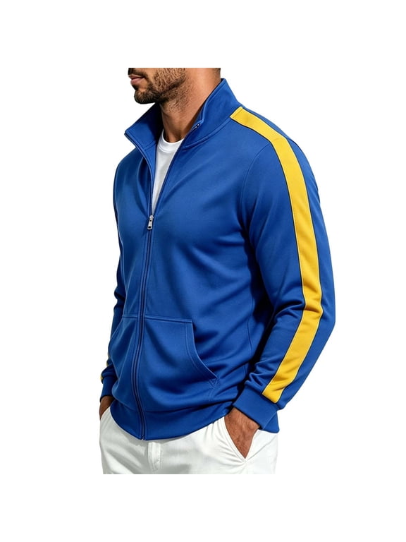 Men's Striped Full Zip Track Jacket, Stand Collar Long Sleeve Loose Casual Athletic Outerwear