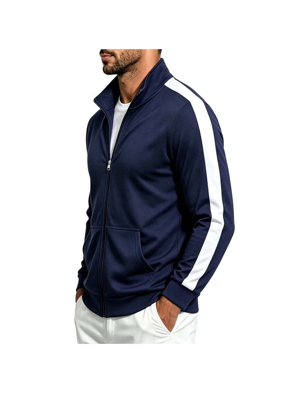 Men's Striped Full Zip Track Jacket, Stand Collar Long Sleeve Loose Casual Athletic Outerwear